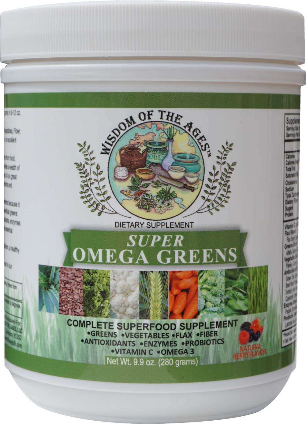 Super Omega Greens Complete Superfood Supplement with Greens, Vegetables, Flax, Fiber, Antioxidants, Enzymes, Probiotics, Vitamin C and Omega 3-7.9oz Powder