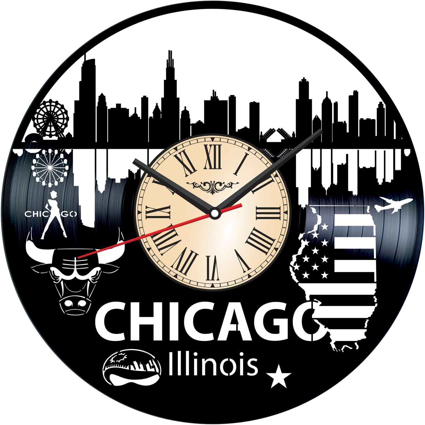 TopVinylShop Chicago Vinyl Wall Clock - Home Decor Him Her Birthday Christmas Anniversary - Themed Clock for Your Home Or Office - Kids Living Room Kitchen Wall Art - 12 Inches