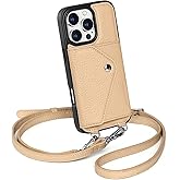 LUCKYCOIN Crossbody Wallet Phone Case for iPhone 16 Pro, Genuine Phone Case with Expandable Wallet Card Holder & Adjustable Removable Crossbody Strap, Phone Purse with Card Slot - Pebble Beige