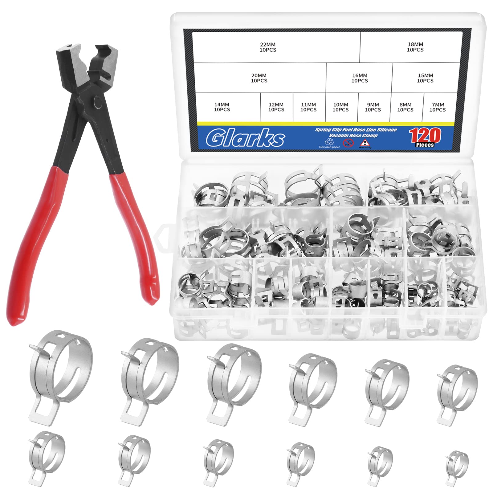 GLARKS G2541 121Pcs 12 Sizes 7-22mm Spring Band Type Clips, Fuel Silicone Vacuum Hose Pipe Clamp Low Pressure Air Clip Clamp Fasteners Assortment Kit with 1Pc Clic-R Hose Clamp Pliers