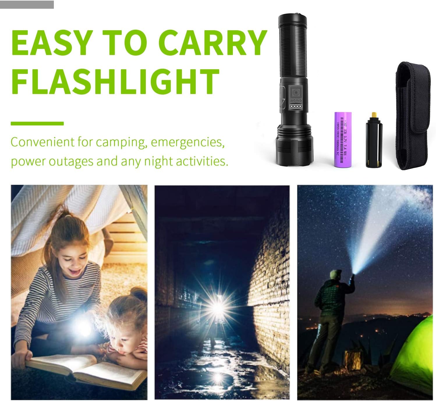 High Lumens LED Rechargeable Tactical Flashlights with Holster (18650 Battery and USB Cable)-7000 Lumen Super Bright, IPX6 Waterproof, 5 Zoomable Lighting-Best Camping, Emergency, Handheld Flashlights - - 