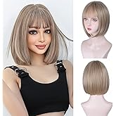 Aida ble Dirty Blonde Bob Wig With Bangs- 12'' Short Dark Blonde Wig for Women Super Soft and Easy to Wear Straight Bob Wig, Colorful Synthetic Wig for Daily, Cosplay, Halloween
