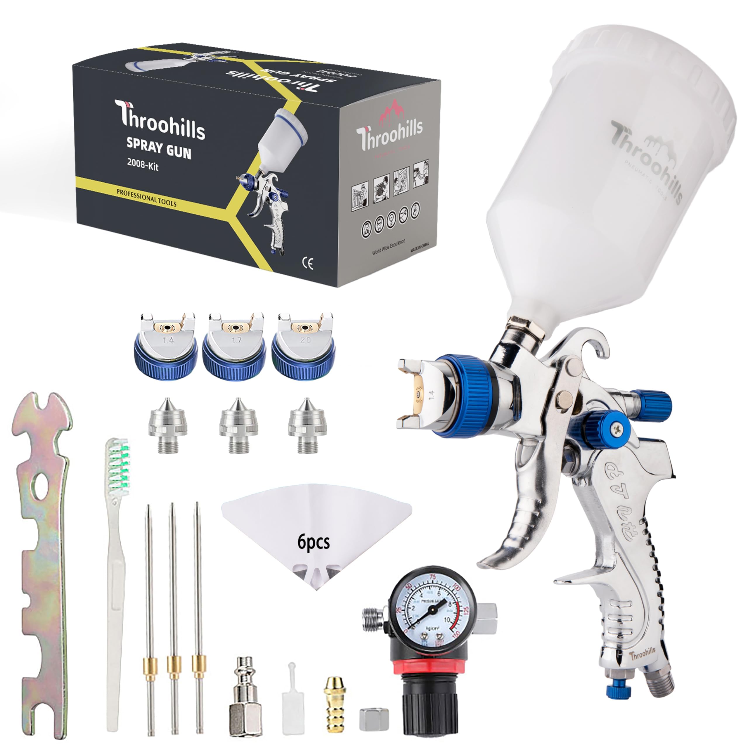 Photo 1 of Throohills Professional HVLP Spray Gun, 1.4/1.7/2.0mm Nozzle HVLP High Atomization Flow Adjustable Pneumatic Gravity Spray Gun with 1000cc Aluminum Cup & Gauge for Paint Touch-Up(Blue)