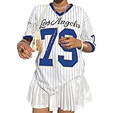 Oversized Jersey Shirts for Women V Neck Tshirt Striped Number Graphic Shirt Casual Y2k Streetwear Tee Tops