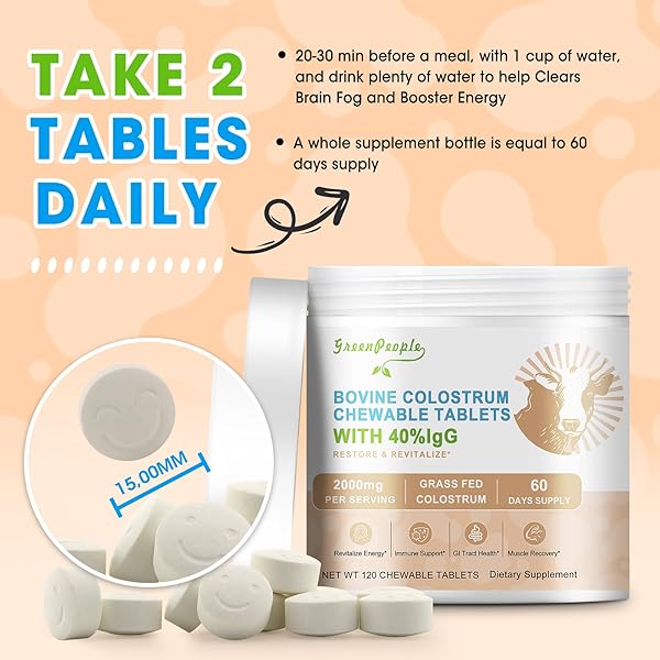 GREENPEOPLE BOVINE COLOSTRUM TABLETS CHEWABLE, 40% IGG | COLOSTRUM SUPPLEMENT FOR IMMUNE SUPPORT, GUT HEALTH | 120 COUNT