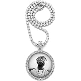BLINGFACTORY Iced Hip Hop White Gold PT 2Pac Picture Frame Pendant & 18" 1 Row Bling Rhinestone Chain Fashion Necklace