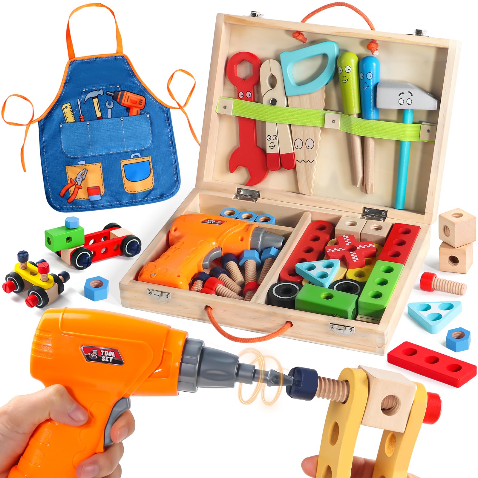 Rtomry Spielzeug ab 3 Jahre, Werkzeugkoffer Kinder Montessori Spielzeug ab 3 Jahre Junge Mädchen Holzspielzeug mit Akkuschrauber & Schürze, 45 STK Werkzeugkasten Kinder Geschenk Junge 3 4 5 Jahre