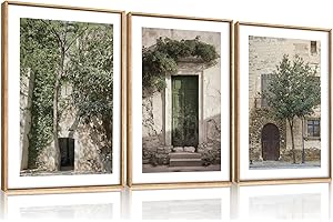 HPNIUB Large Vintage Italy City Landscape Framed Canvas Wall Art Set,Green Olive Tree Old House Wall Decor,Malta Modern Minim