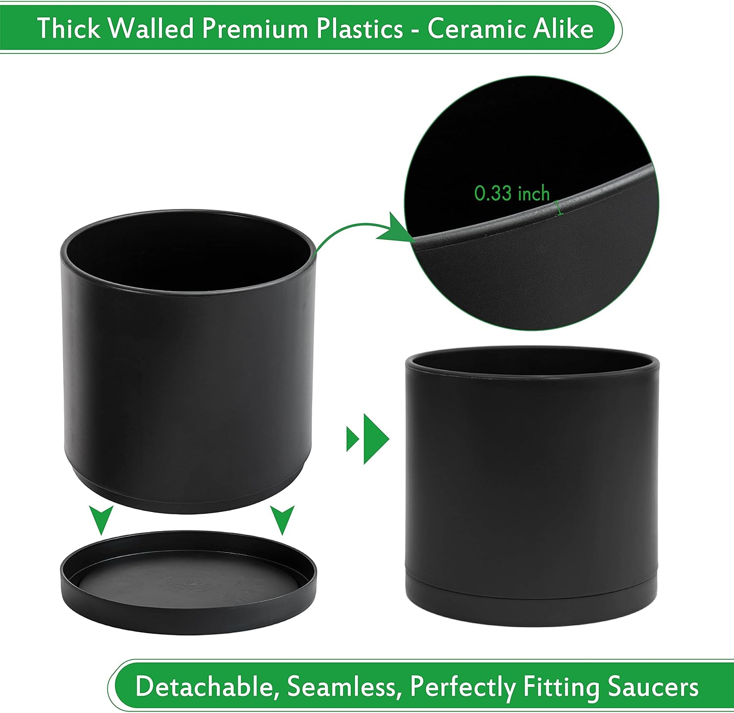 12 Inch Black Plastic Planter Pots for Plant Pot with Drainage Hole and Seamless Saucers, 74-O-L-2 : Kitchen & Dining
