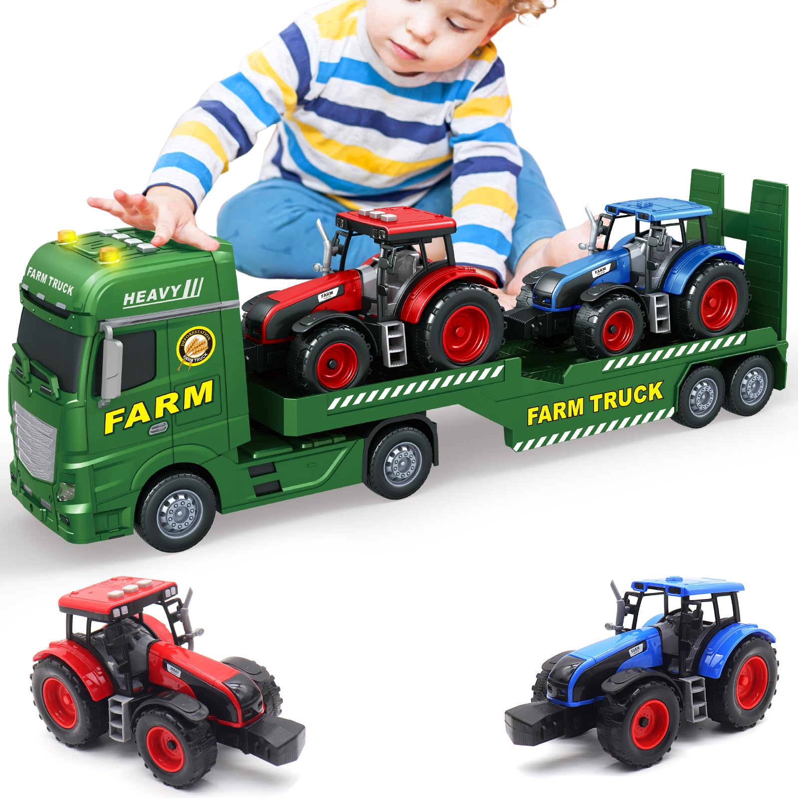 Mostop Large Flatbed Semi Truck, 25.6’’ Large Farm Truck Toy with 2 Tractors, Friction Powered Farm Transport Tractor Toy with Light & Sound, Birthday Gift for Kids Aged 3-8