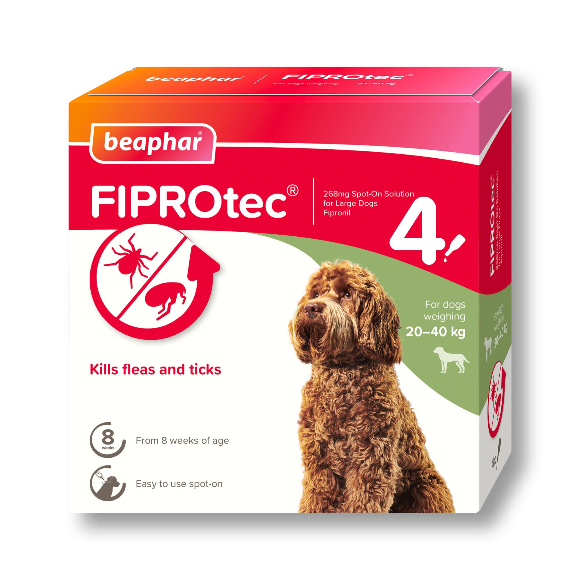 Beaphar - FIPROtec Spot-On Flea & Tick Treatment for Large Dogs 20-40kg – 4 Pipettes - Kills Fleas & Ticks - Veterinary Medicine - Easy to Apply Monthly - Suitable for Dogs & Puppies from 8 Weeks