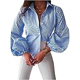 GORGLITTER Women's Striped Button Up Tops Balloon Long Sleeve Collared Shirt Fall Fashion Blouse Top
