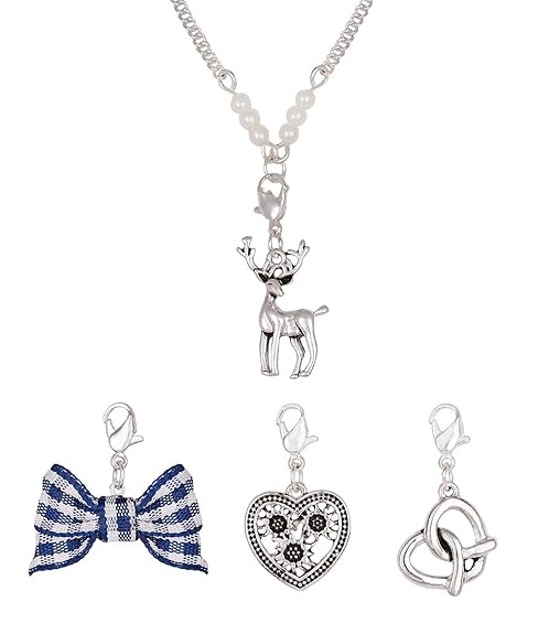 SIX 'Oktoberfest Silberne Kette mit wechselbaren Anhängern, Hirsch, Brezel, Herz, blau-weiße Schleife (441-204)
