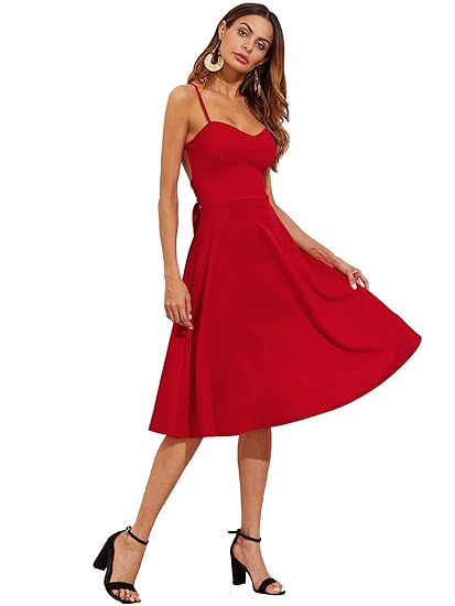 DIDK Damen Spagehttiträger Weitgeschwingend Sommerkleider mit Rückenfrei Kreuz Schnürung Knielang Partykleid