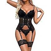 Donnalla Lingerie For Women with Garter Belt Sexy One Piece Lace Bodysuit Teddy with Panty