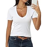 Roselux Women Short Sleeve Deep V Neck Tops Shirts Fitted Cotton Summer Tshirt Tee