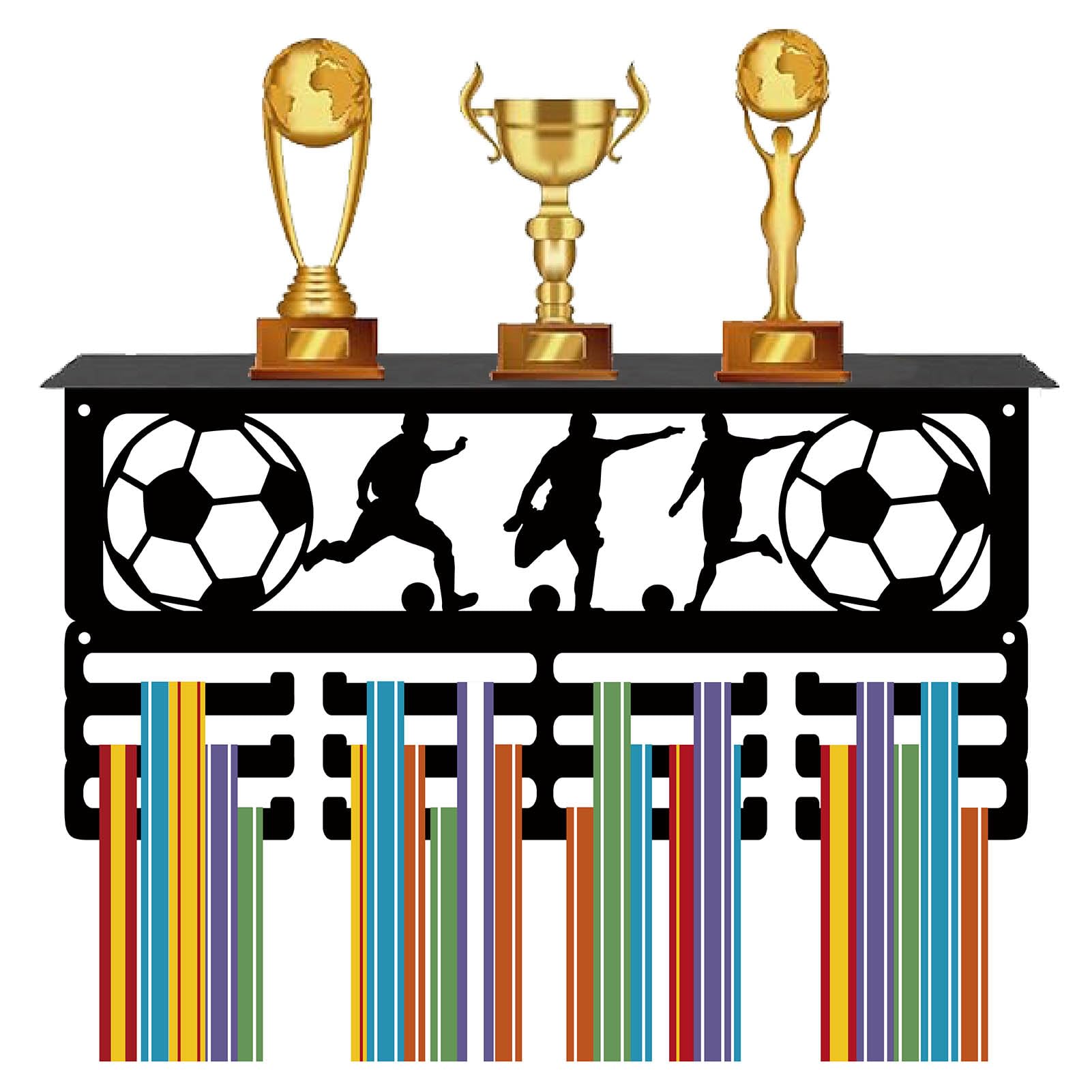 CREATCABIN Football Medal Display Hanger Trophy Shelf with 24 Hooks Metal Medal Trophy Display Rack Frame Trophy Holder Wall Mount Medal Ribbon Display Hanger for Soccer Running Awards 40x20cm(Black)