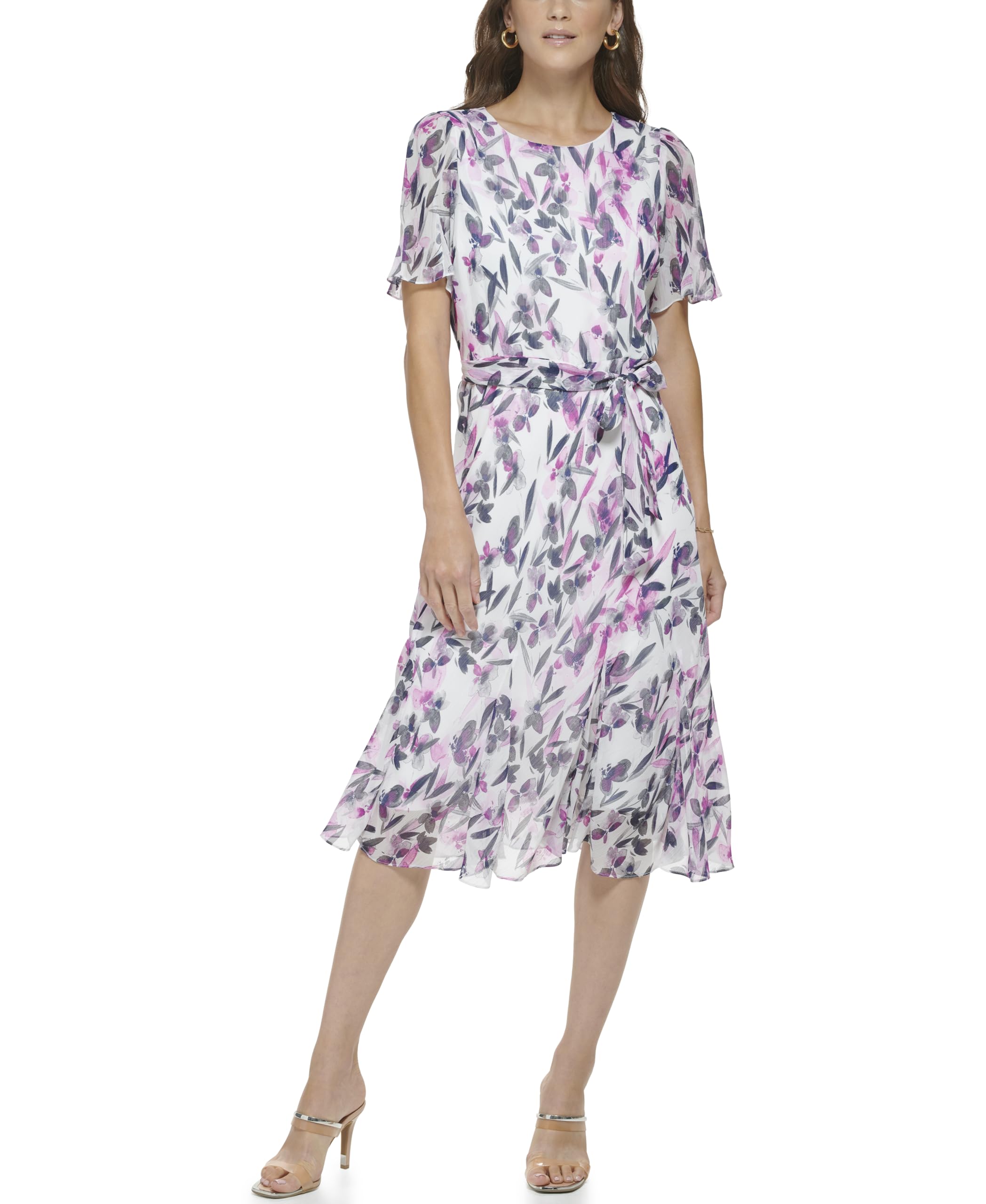 DKNY Women’s Flutter Sleeve V-Neck Dress, Cream/Raspberry