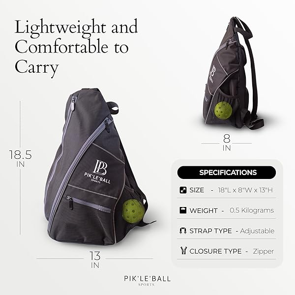 PIK’LE’BALL SPORTS PICKLEBALL SLING BAG – STYLISH, WATERPROOF, LIGHTWEIGHT, & SPACIOUS CROSSBODY SLING BAG FOR MEN AND WOMEN WITH PICKLEBALL PADDLES POCKET, BALL HOLDER, ADJUSTABLE STRAP – GREY