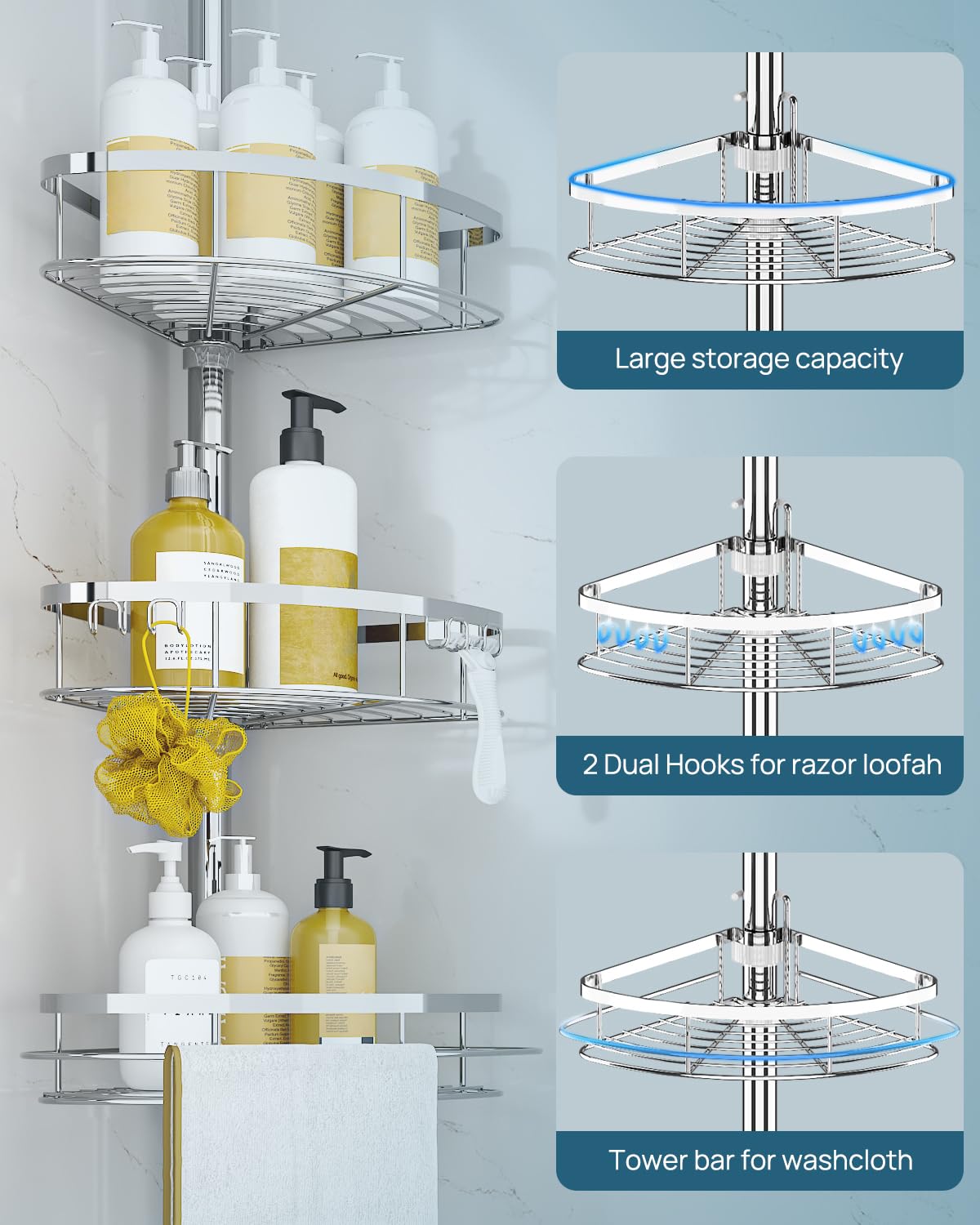 SEIRIONE Organizador de esquina de ducha inoxidable para baño, 4 estantes ajustables con poste de tensión, para bañera, champú, accesorios de almacenamiento, 34 a 116 pulgadas de altura