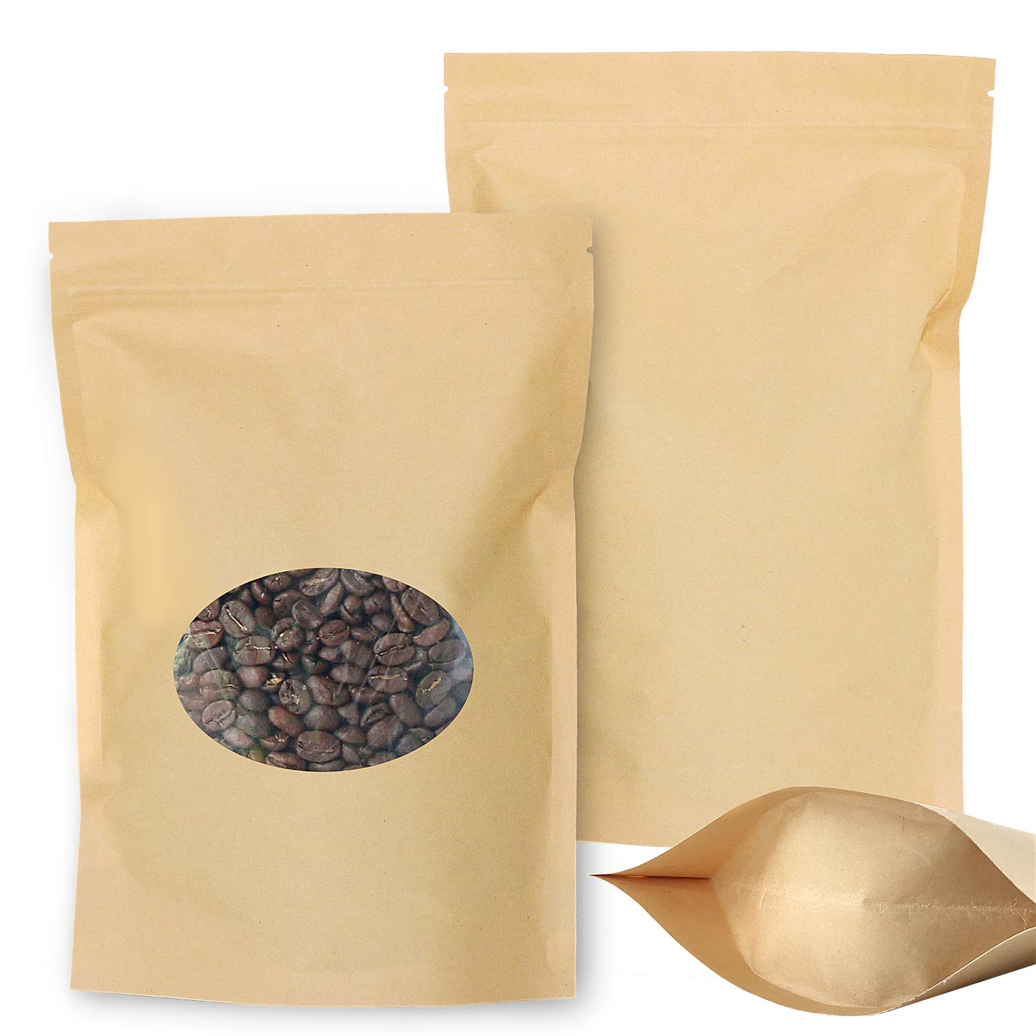 SumDirect 50Pcs Kraft Paper Bag Zip Lock,Stand-up Reusable Sealing Bag with Transparent Window and Tear Notch for Storing,Cookie,Dried Foods,Snack (18 x 26 cm)