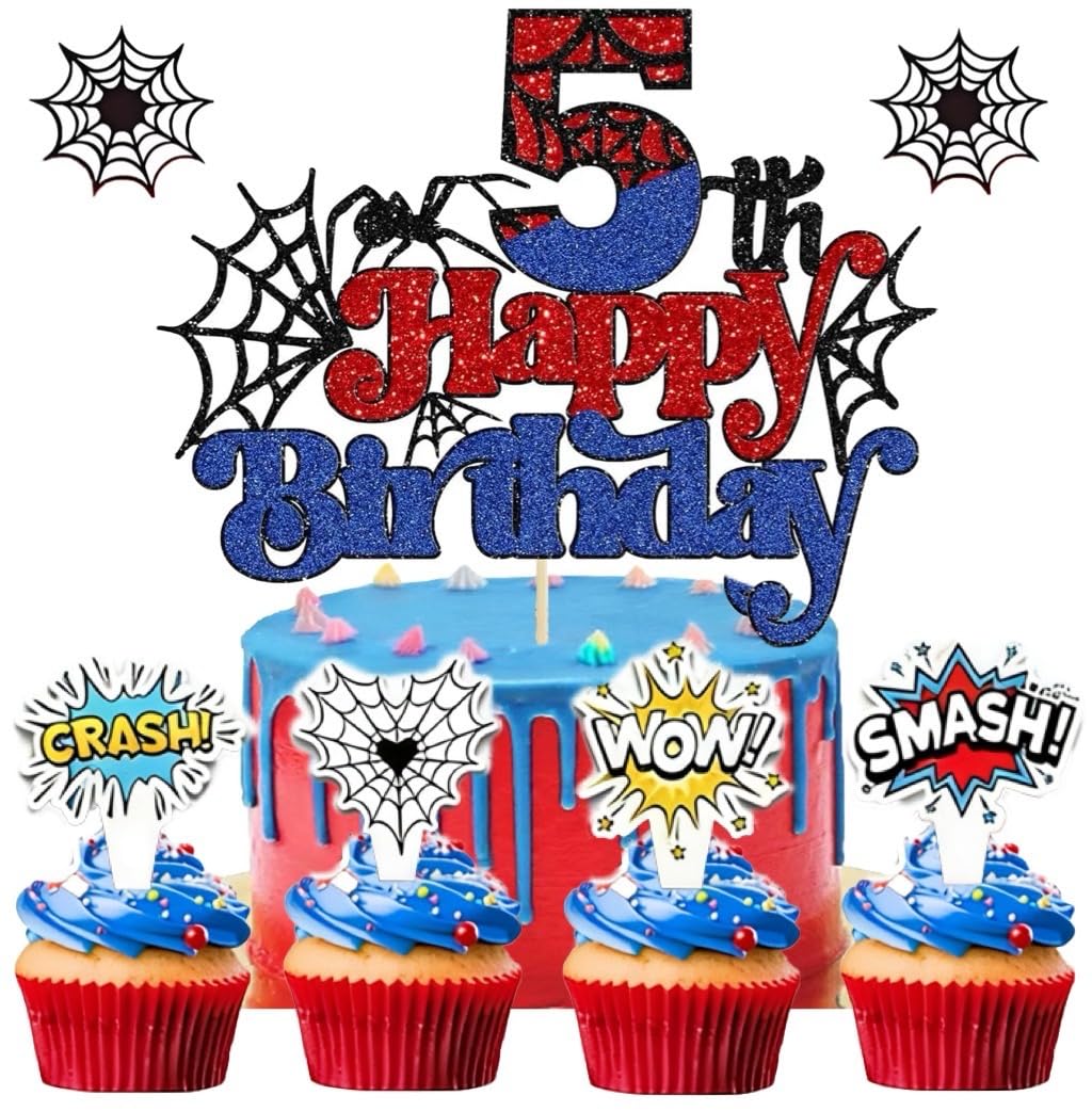 25Pcs Spider Themed (Glitter) Happy 5th Birthday Cake Topper for Spider Themed Birthday Anniversary Party Supplies，Spider Cake Happy Birthday Decoration (5th)