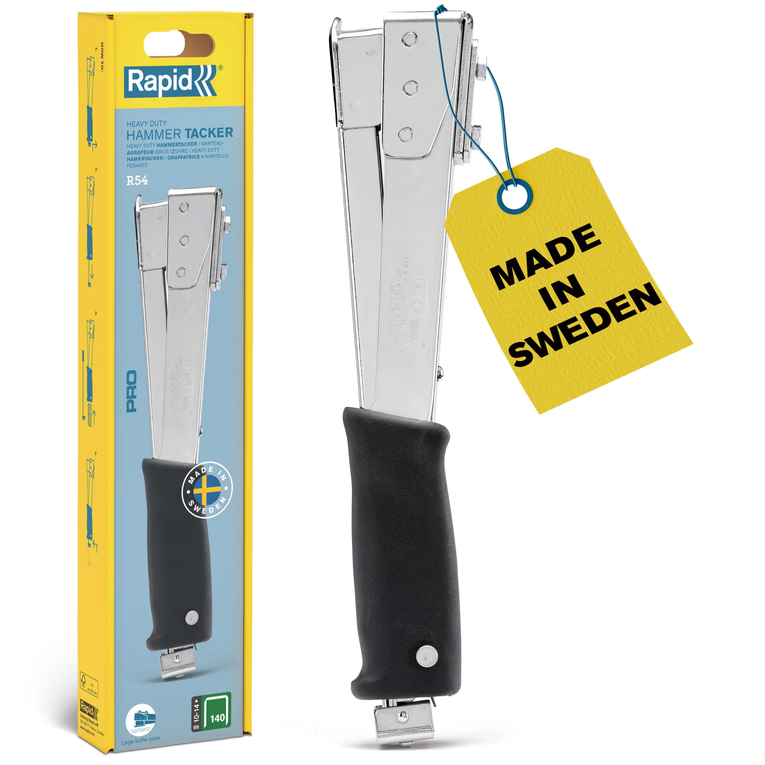Rapid R54 Heavy-Duty Hammer Tacker for Roofing/Membranes/Carpeting, Strong All-Steel Construction, Hammer Stapler, Uses Flatwire Staples No. 140, 6-14mm, Box (5001696)