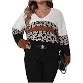 WDIRARA Women's Plus Size Leopard Color Block Sweater Long Sleeve V Neck Pullover Knit Tops