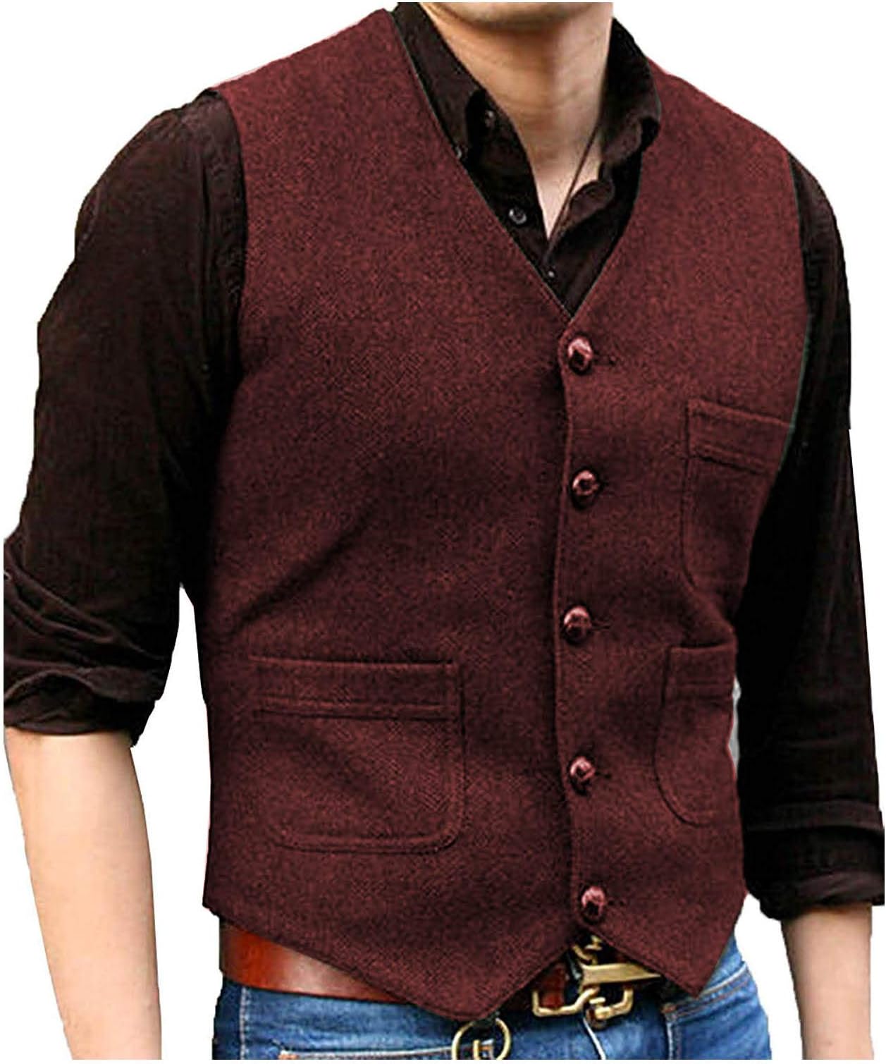 PrettyGirl Dress Men's V Neck Wool Herringbone Tweed Casual Waistcoat Business Suit Vest