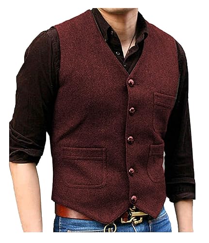Pretygirl Men's V Neck Wool Herringbone Tweed Casual Waistcoat