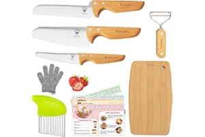 Kibbidea Kids Safe Knives for Real Cooking, 11-Piece Kids Cutting Board and Kitchen Knife Set, BPA-free, Firm Grip, Serrated Child Friendly Chef Knives for Starter