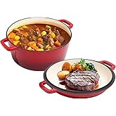 2 in 1 Enameled Cast Iron Dutch Oven Pot 6QT with 2QT Lid - Big Dual Handles - Oven Safe up to 500°F - Classic Round Pot for Versatile Cooking Red