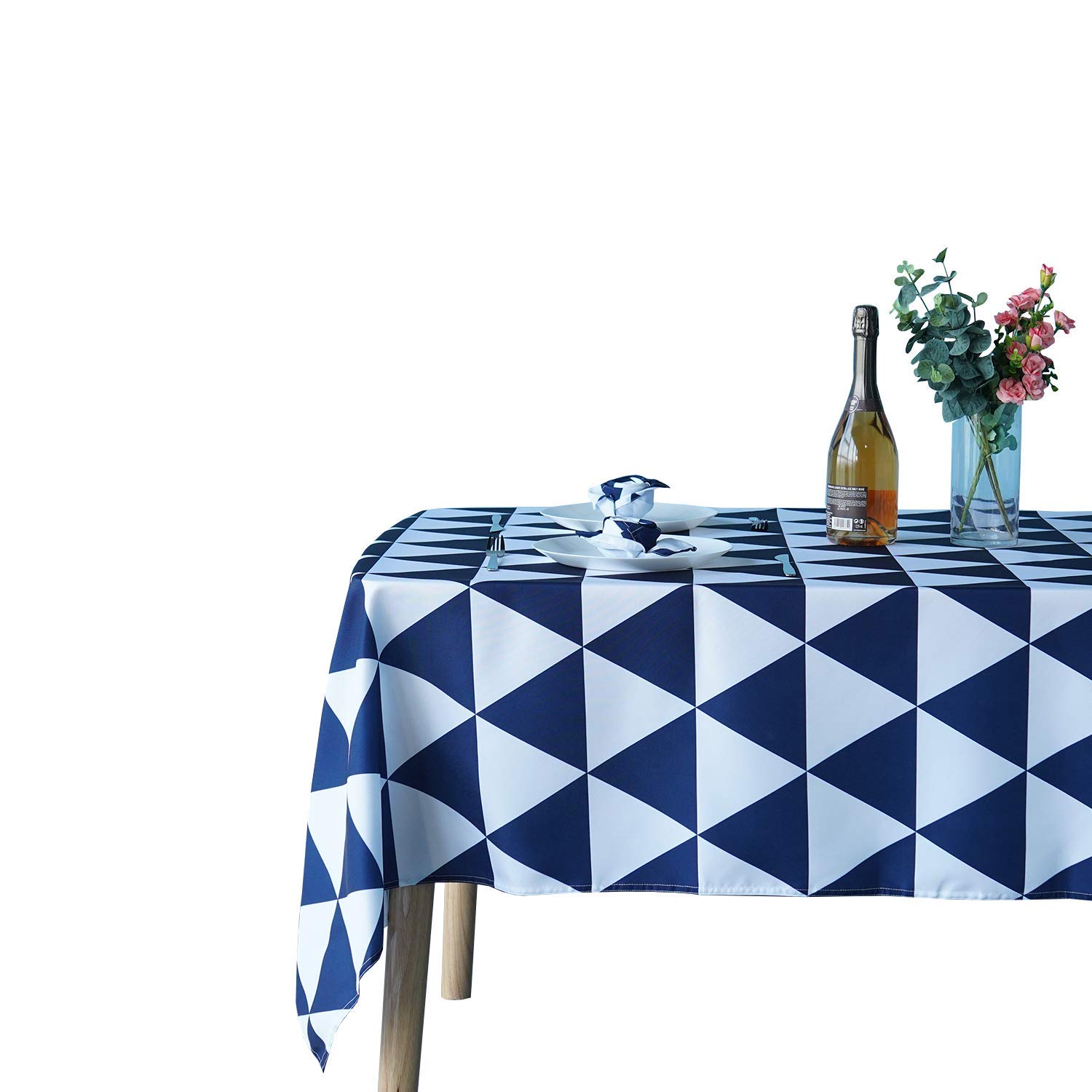 WedDecor 60 x 84 Inch Geometric Triangles Tablecloth Rectangle, Waterproof Spillproof Washable Polyester Table Cloth for Outdoor Picnic, Kitchen, Patio and Holiday Dinner, White & Blue