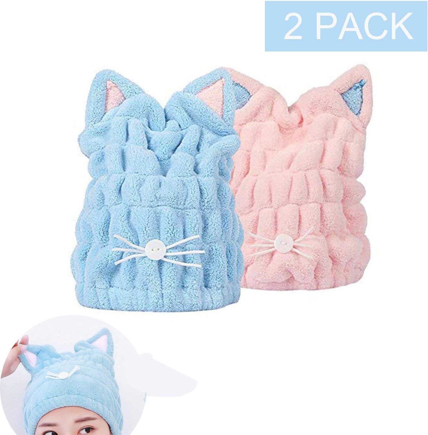 OhequbaoAbsorbent Hair Drying Caps, Fast Dry Hair Towels Elastic Microfiber Bath Wraps for Girls and Women（2 Pack）