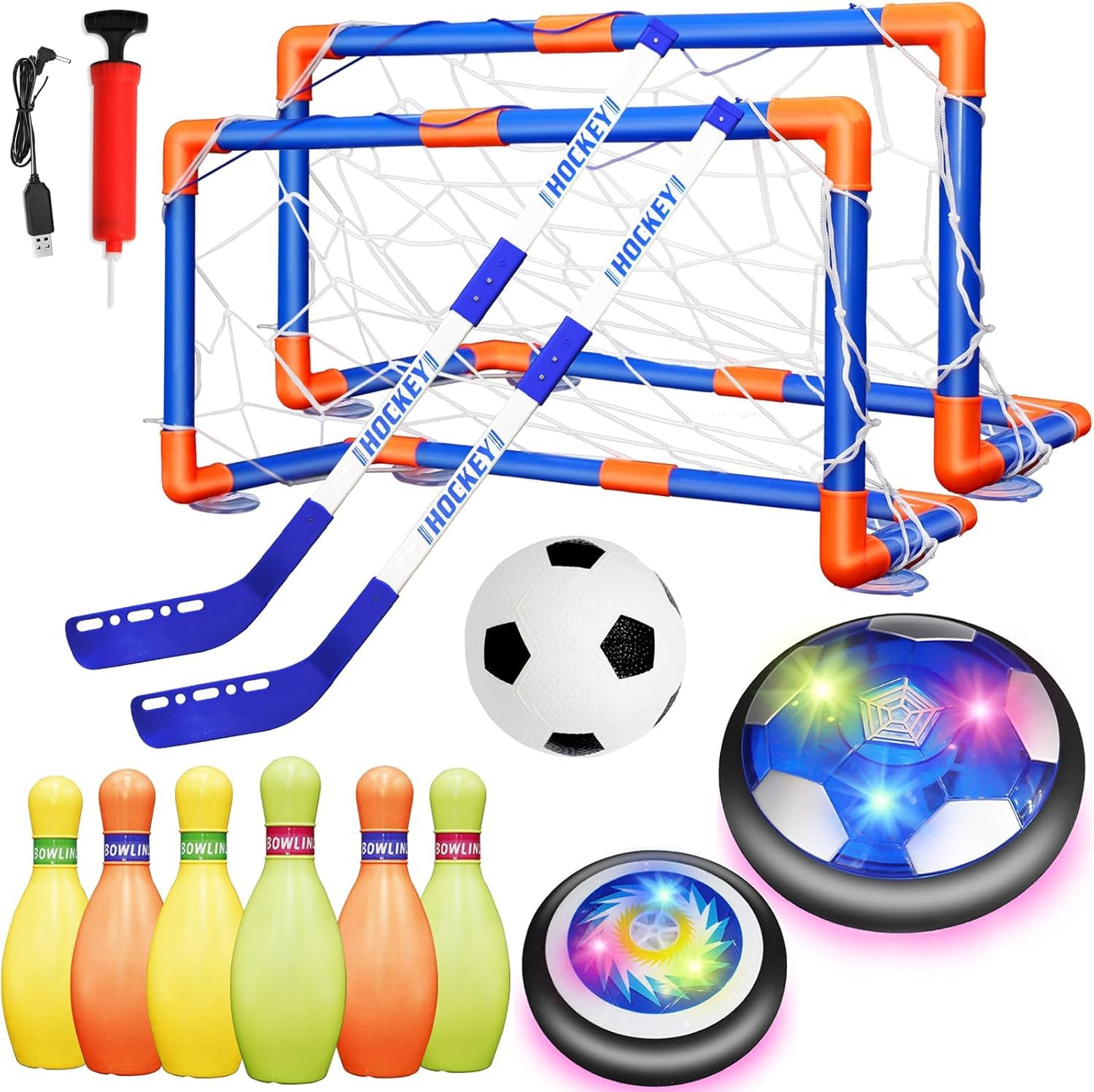 Hover Hockey Set, 4-in-1 Hover Soccer Ball Bowling Toy Set, Rechargeable Air Floating Soccer Hockey Ball with LED Light for Indoor Outdoor Sport Games