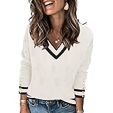 AKEWEI Womens V Neck Sweaters Long Sleeve Lightweight Knit Pullover Tops with Decorative Buttons