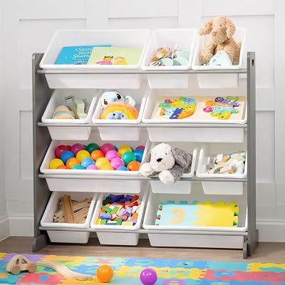 LIVIVO 4 Tier Kids Toy Storage Unit Grey White with 12 Bins