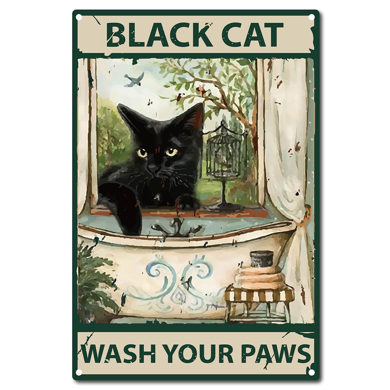 CREATCABIN Funny Black Cat Wash Your Paws Metal Tin Sign Bathroom Quote Vintage Sign for Bathroom Kitchen Cafe Wall Decor, 8 x 12 Inch