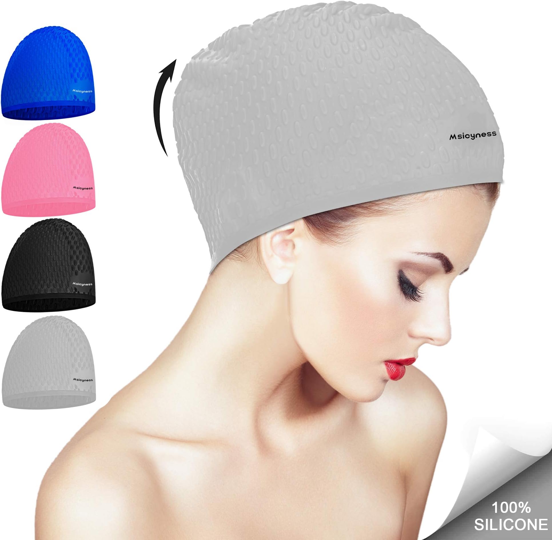 Msicyness Swim Cap for Long/Curly Hair Silicone Swimming Hat for Adult Swimming Pool Laps Latex Rubber Reduce Water Intake Men Women UV Guys Girl Bathing Cap