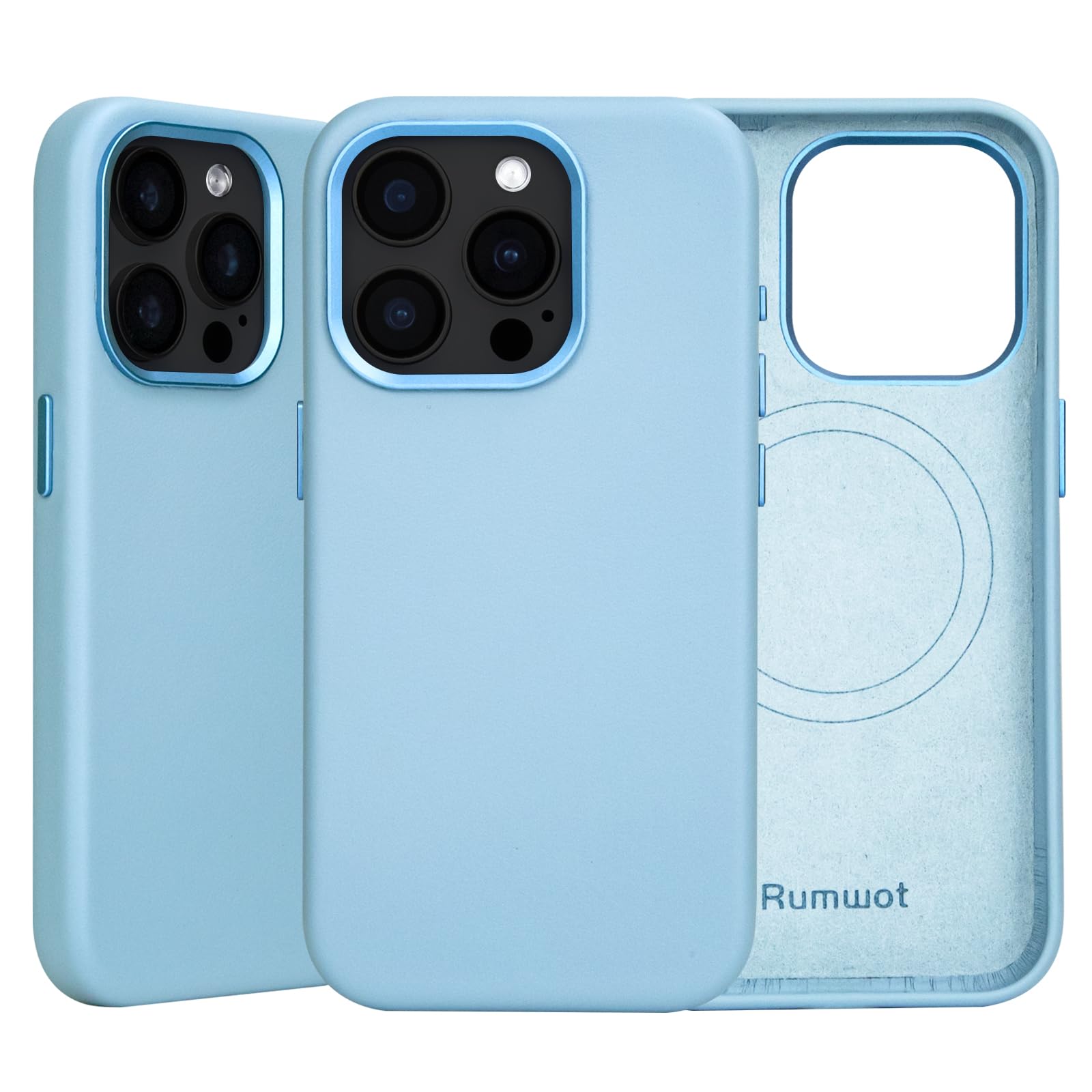 Rumwot for iPhone 15 Pro Max Leather Case | Genuine Full Grain Leather| Compatible with MagSafe and Wireless Charging | Metal Buttons Camera Bezel | Slim Fit-Drop and Scratch Resistant(Azure)