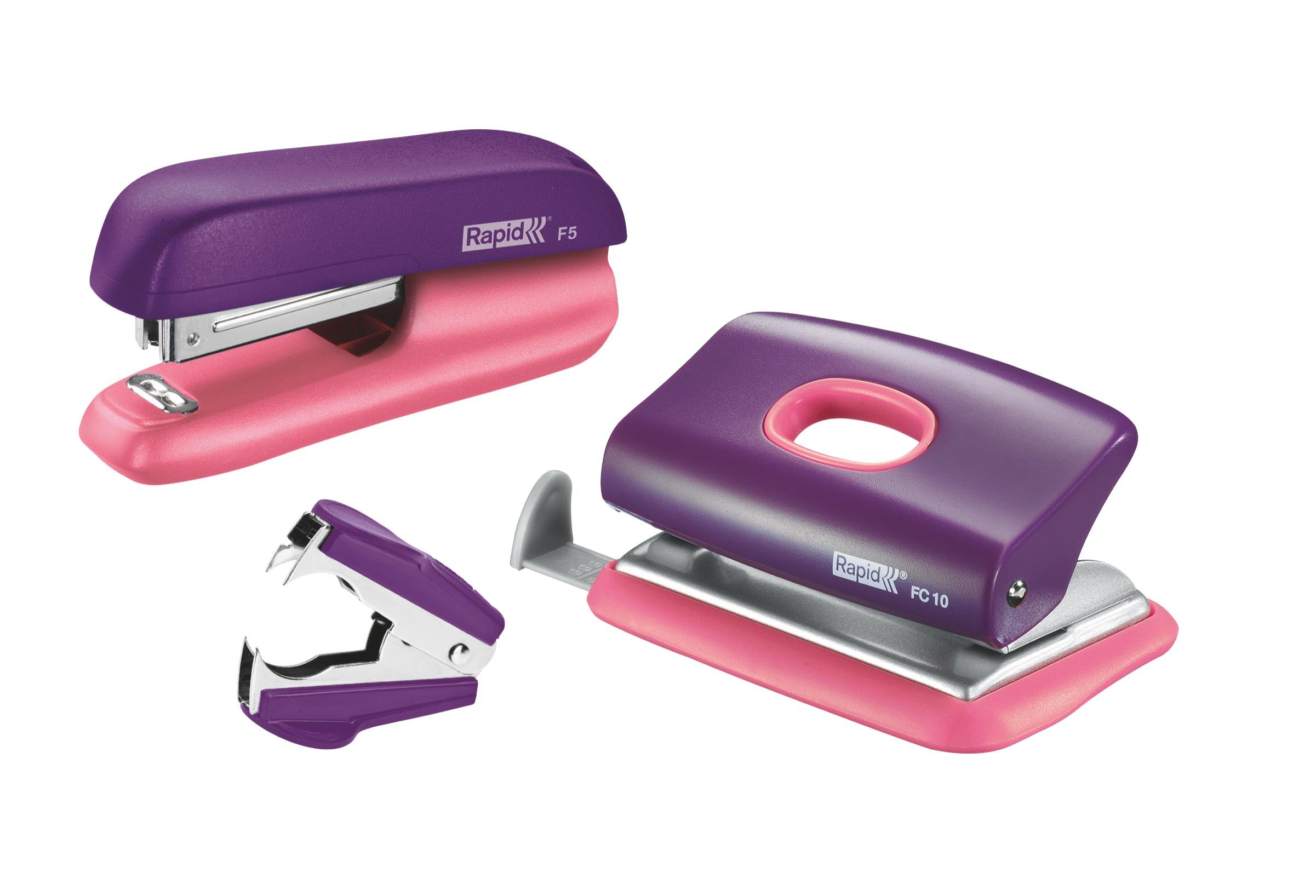Rapid F5 Mini Stapler, FC10 Hole Punch and Staple Remover Set, 10 Sheet Capacity, Staples Included, Metal and Plastic, Purple/Apricot, 5000372