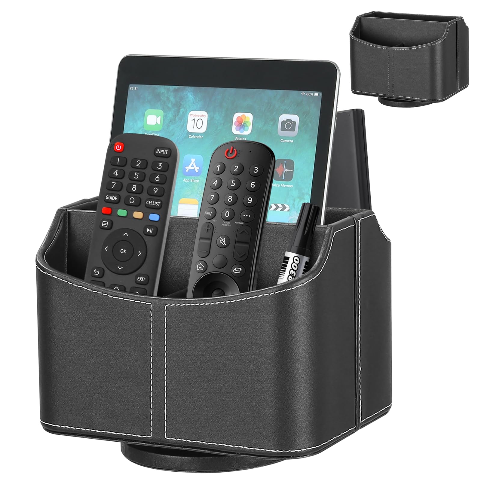 Esilihom Remote Control Holder, TV Remote Holder, PU Leather | 360 Degree Rotatable | 5 Compartments,Desk Organizer for Glasses, Pens, Pencils, Scissors, Makeup Brush, Black
