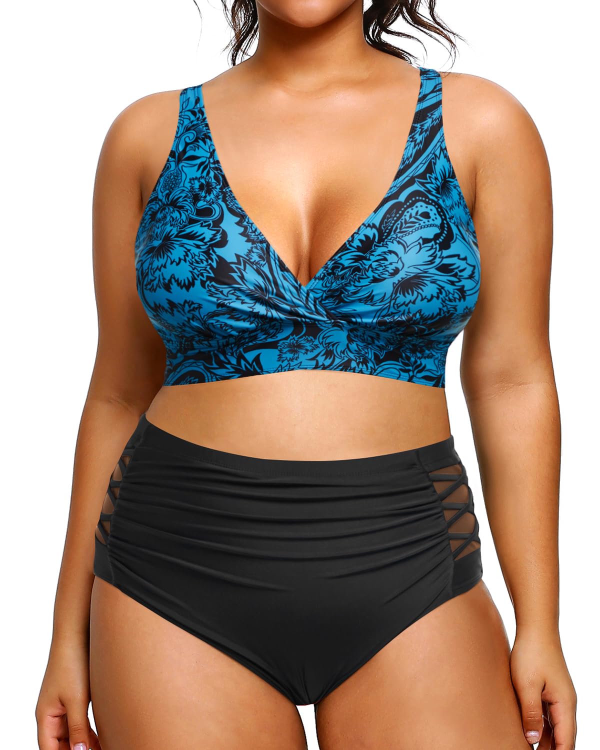 Photo 1 of Yonique Womens Plus Size Bikini High Waisted Swimsuits Two Piece Bathing Suits Tummy Control Swimwear Blue Paisley 18Plus