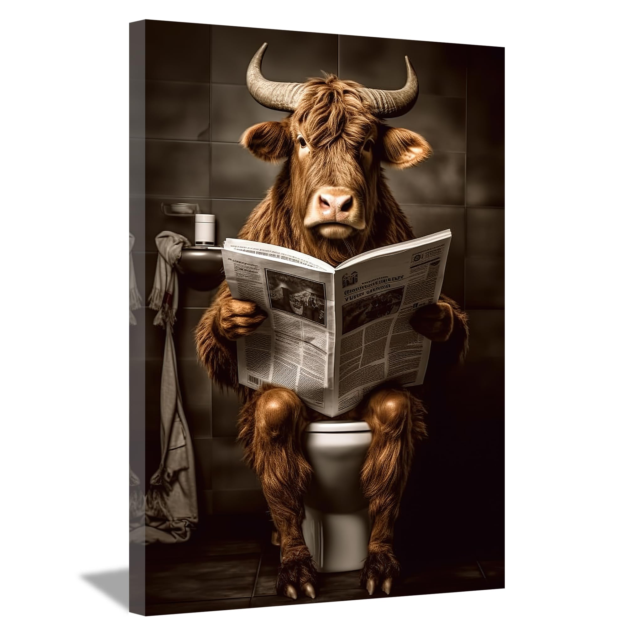 LZIMU Bathroom Cow Wall Art Brown Cattle Sitting on Toilet Reading Newspaper Canvas Prints Funny Animals Posters Home Decor Framed (Bathroom-4, 12"x18")