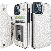 HAOPINSH for iPhone 12/12 Pro Wallet Case with Card Holder, White Leopard Cheetah Pattern Back Flip Folio PU Leather Kickstand Card Slots Case for Women Girls, Double Magnetic Shockproof 6.1"