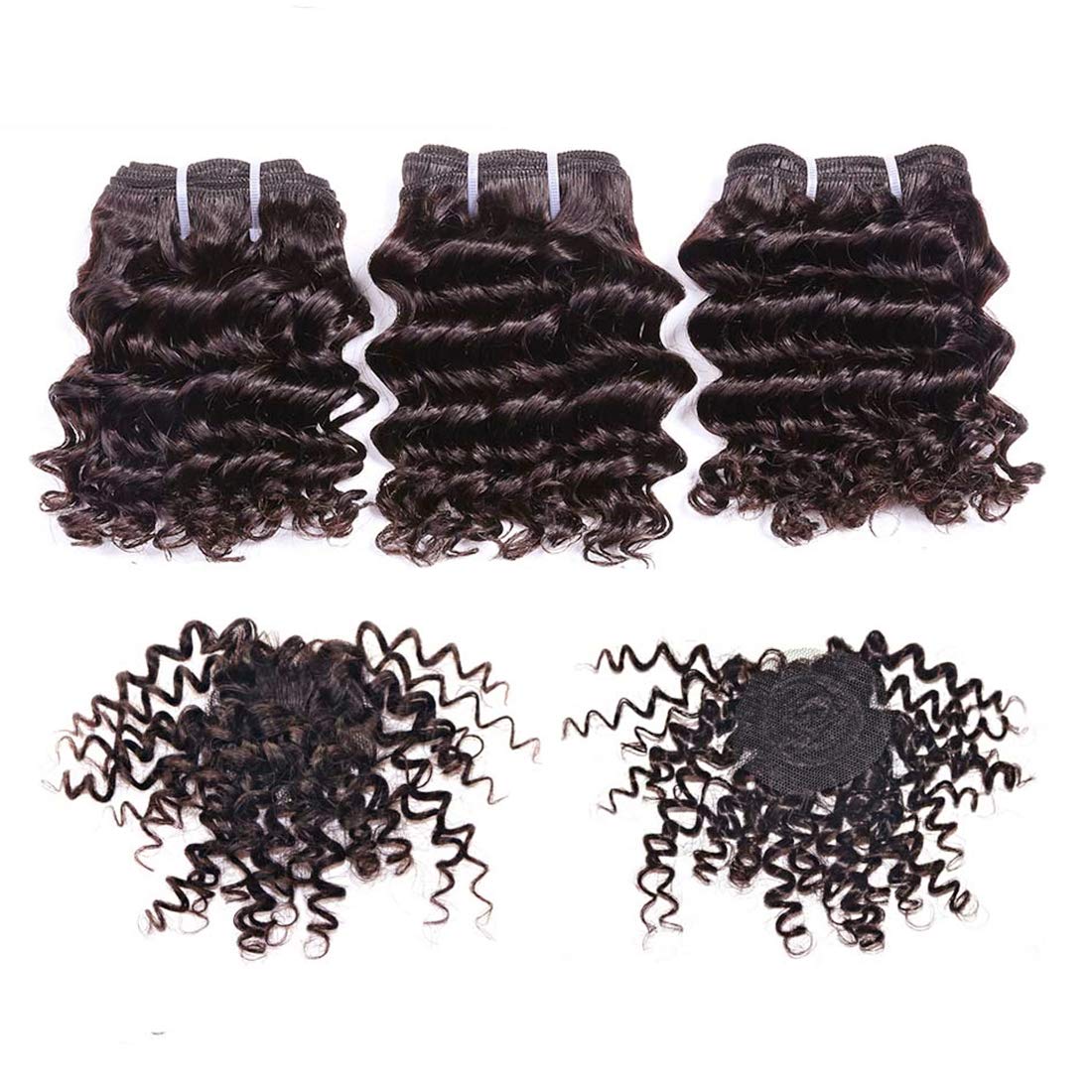 Chisu Short Deep Wave Hair Bundles Peruvian Virgin Hair Curly Human Hair Weave Bundles 6 inches Brown Color(3 Pcs 6 inches=about 117grams)