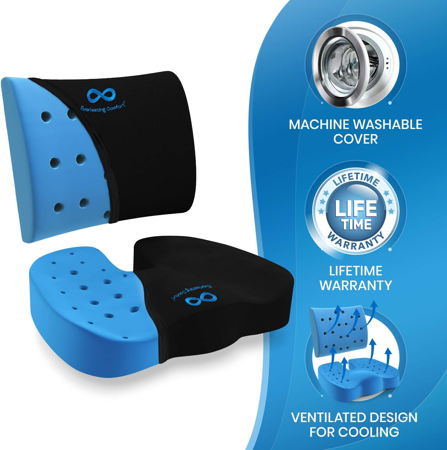 Everlasting Comfort Memory Foam Seat Cushion and Lumbar Back Cushion Combo - Gel Infused and Ventilated - Orthopedic Design for Coccyx and Tailbone Pain - Can Help Sciatica - Perfect for Office Chair: Home & Kitchen