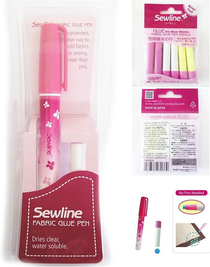 Sewline Fabric Glue Pen Plus Refill 6 Pack (Multicoloured), EPP, no pins, Dries Clear, Sewing