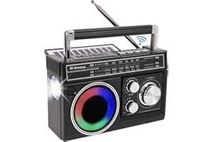 M-Amazup Radios Portable AM FM, Retro Portable Radio with Bluetooth Speaker and Flashlight, Strong Reception with Colorful Mood Lights, TF Card, Solar/Battery/AC Rechargeable for Gift,Elder,Home,Black
