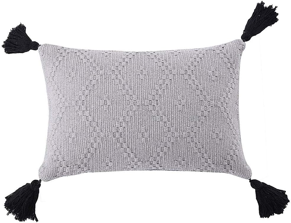 blue page Geometric Woven Boho Decorative Throw Pillow Covers - Cotton Lumbar Cushion Cover with Tassels, Solid Pillow Case ONLY for Couch Sofa Bedroom Living Room (Grey, 12x18 Inches)